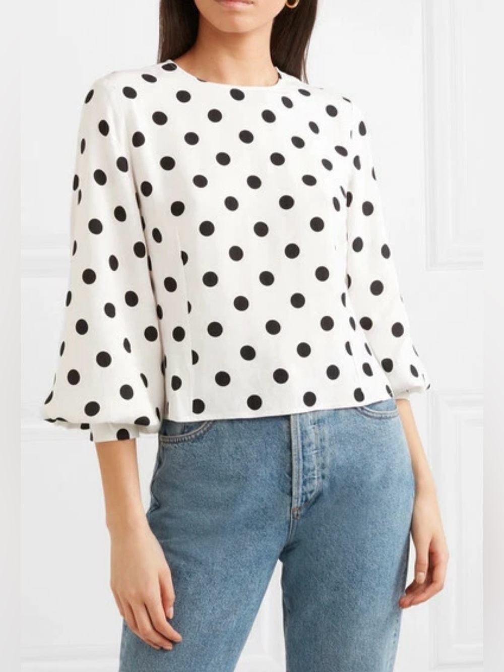 RIXO LONDON Imogen White Long Sleeve Polka Dot Top Boxy Crop Sz Small Peplum